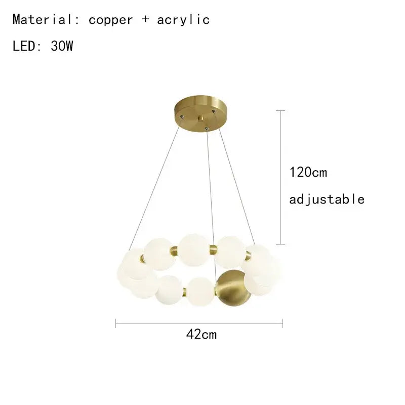 Modern gold and white acrylic led chandelier featuring gold-toned copper spherical pendants with adjustable height decorbites acrylic led