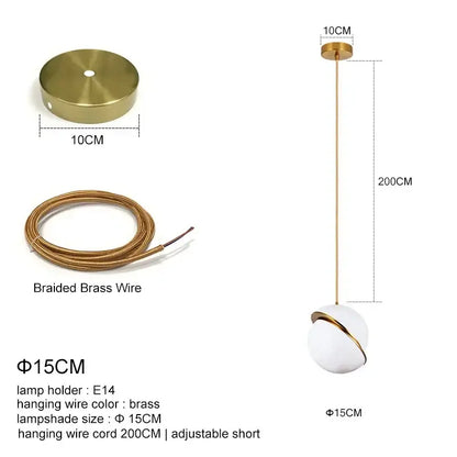 Modern gold and white ball pendant light with spherical lampshade and brass braided wire for dining room decorbites golden ball