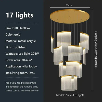Modern gold and white decorbites acrylic led chandelier with tiered shades and polished metal accents for living room