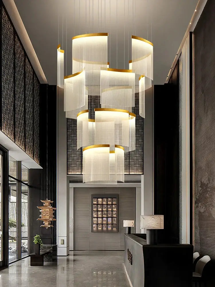 Modern gold and white decorbites acrylic led chandelier with translucent fabric shades for living room lighting