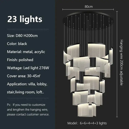 Modern gold and white decorbites acrylic led chandelier with 23 black polished metal lights in a tiered cascading design