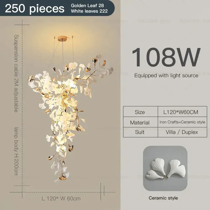 Elegant white gingko leaf ceramic chandelier with gold-toned iron branches for villa or duplex interiors by decorbites gingko leaf