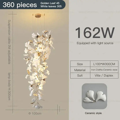 Elegant white ceramic gingko leaf chandelier with gold-toned iron craftsmanship for villa or duplex decorbites gingko leaf