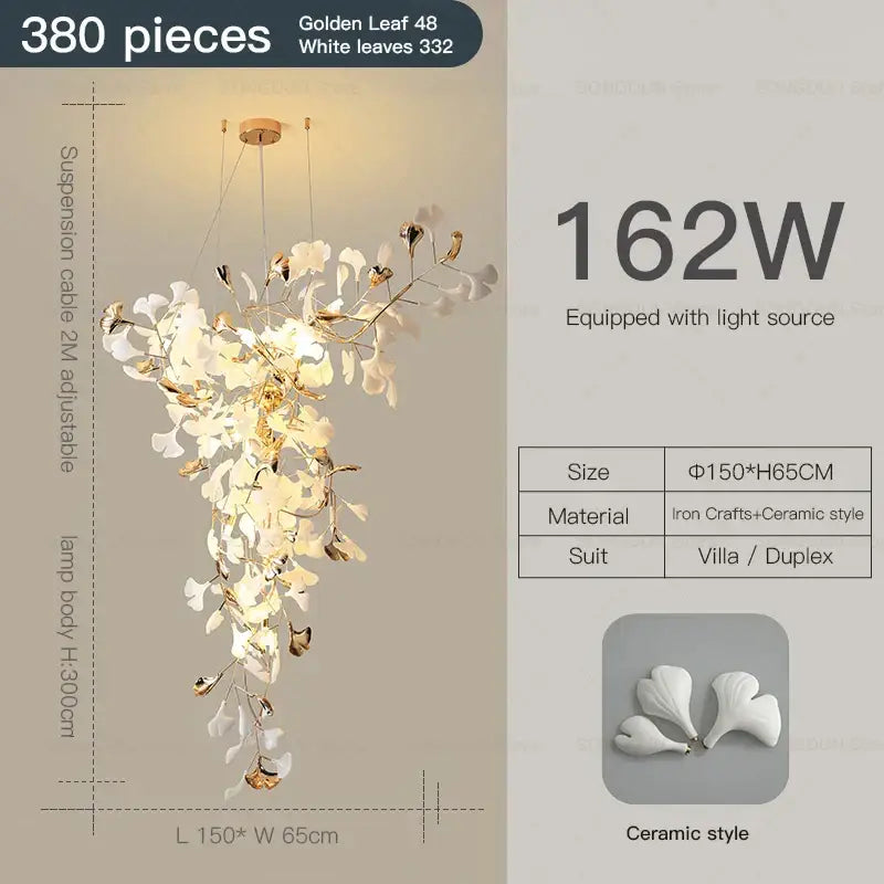 Elegant white gingko leaf ceramic chandelier with gold-toned iron craftsmanship for villa and duplex interiors decorbites gingko leaf