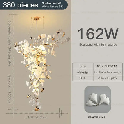 Elegant white gingko leaf ceramic chandelier with gold-toned iron craftsmanship for villa and duplex interiors decorbites gingko leaf