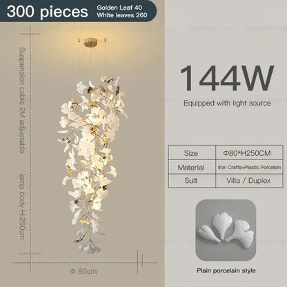 Elegant white gingko leaf ceramic chandelier with gold-toned iron framework for villa or duplex decorbites gingko leaf lighting