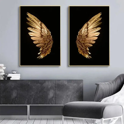 Pair of gold-leafed angel wing canvases with thin metallic frames modern led wall lamp bedroom art decor