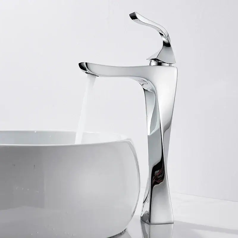 Modern chrome-finished basin faucet with sleek angular design and high-arc spout for decorbites black bronze bathrooms