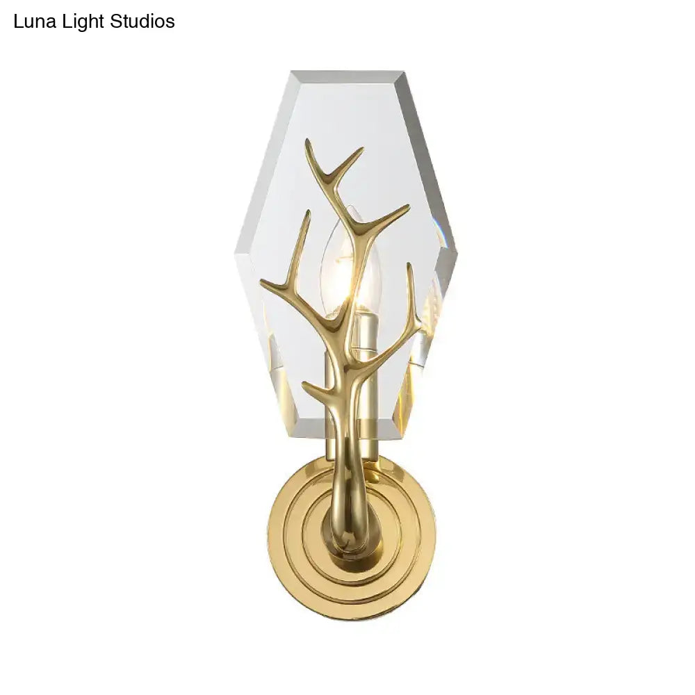 Modern gold antler deco wall mounted sconce with hexagonal crystal shade for bedroom light 110v-120v