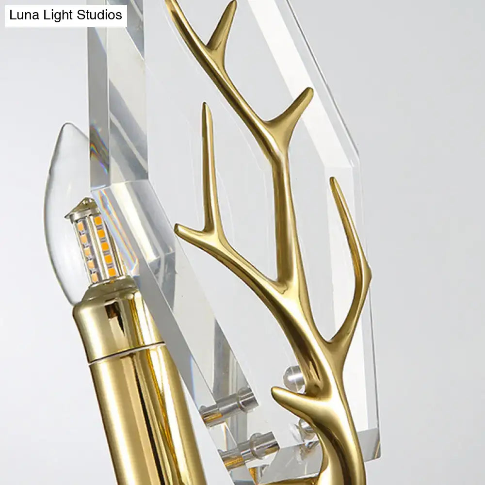 Modern gold antler deco wall mounted sconce with crystal accents and led bulb for 110v-120v bedroom lighting