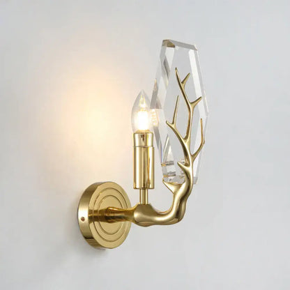 Modern gold antler deco wall mounted sconce with clear crystal accent for 110v-120v bedroom lighting