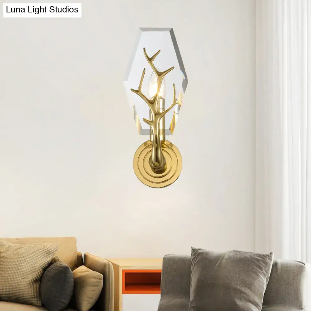 Modern gold antler deco wall mounted sconce with hexagonal crystal shade for 110v-120v bedroom lighting