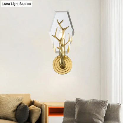 Modern gold antler deco wall mounted sconce with hexagonal crystal shade for 110v-120v bedroom lighting