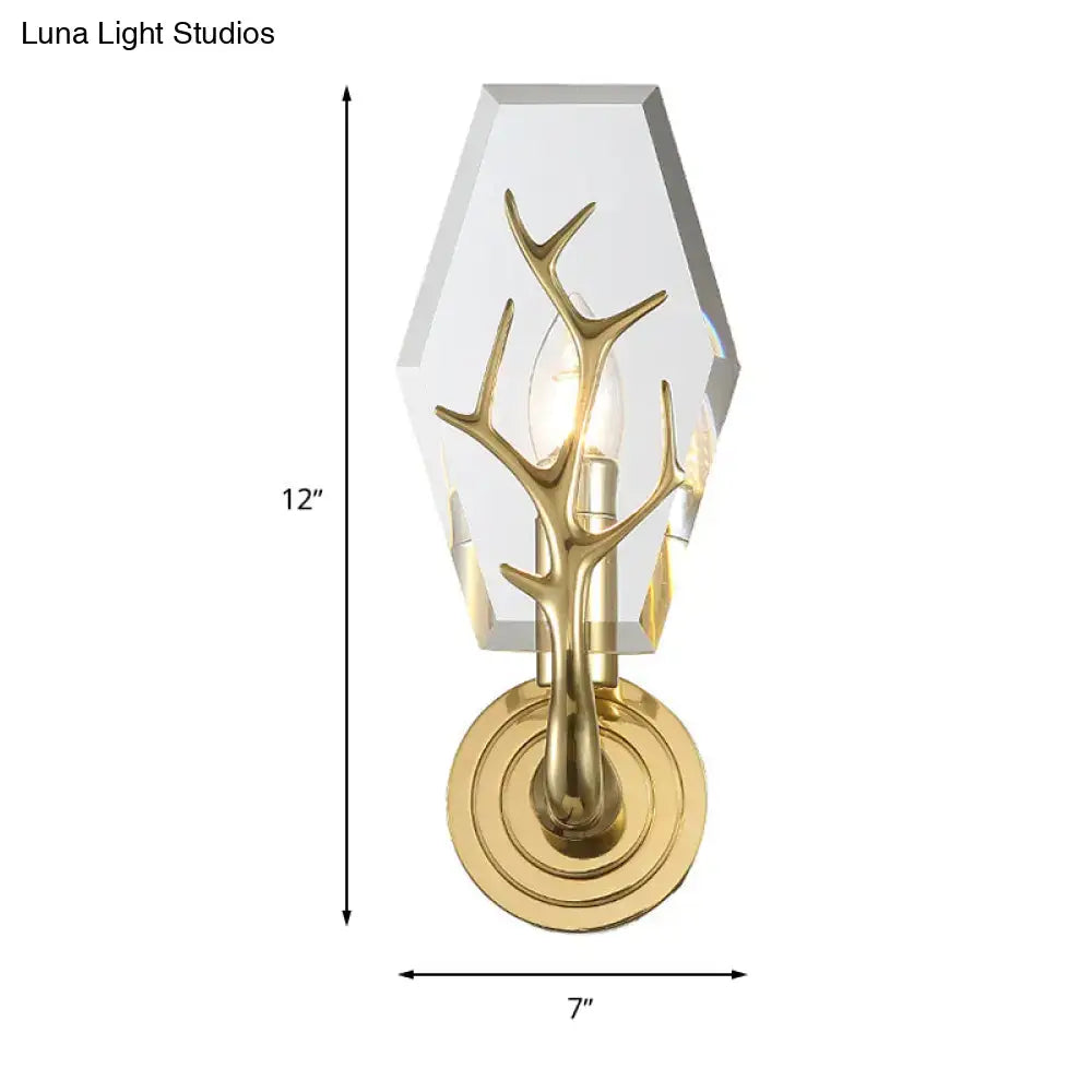 Modern gold antler deco wall mounted sconce with clear hexagonal crystal shade 110v-120v bedroom light