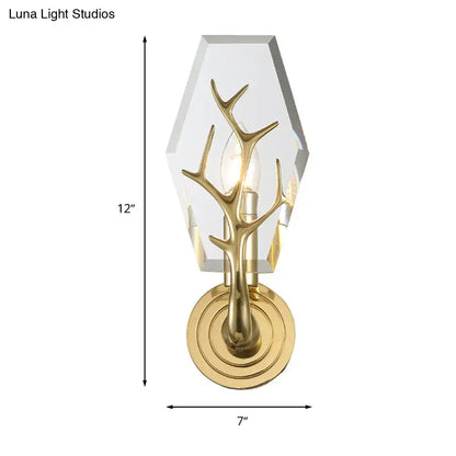 Modern gold antler deco wall mounted sconce with clear hexagonal crystal shade 110v-120v bedroom light