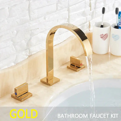 Modern gold arched dual handle basin faucet set featuring a gold-finished basin faucet with an arched spout and square handles