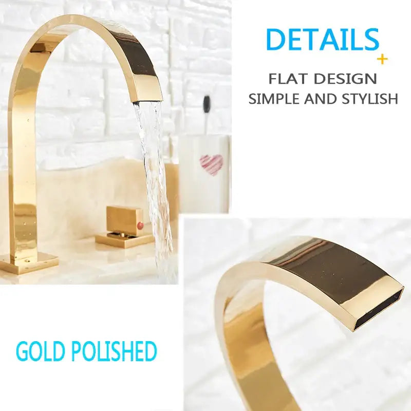 Modern gold arched dual handle basin faucet set with polished finish and sleek design for bathroom use