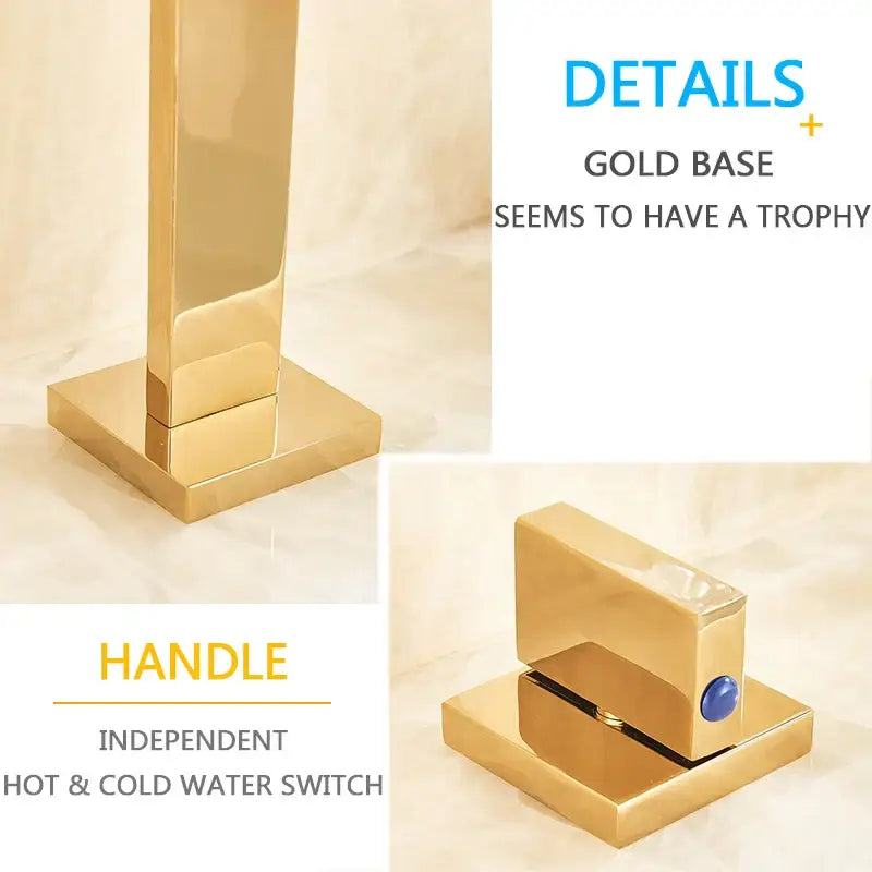 Modern gold arched dual handle basin faucet set with square base and blue accent hot and cold handles