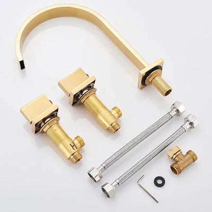 Modern gold arched dual handle basin faucet set with square handles and flexible metal hoses for bathroom use