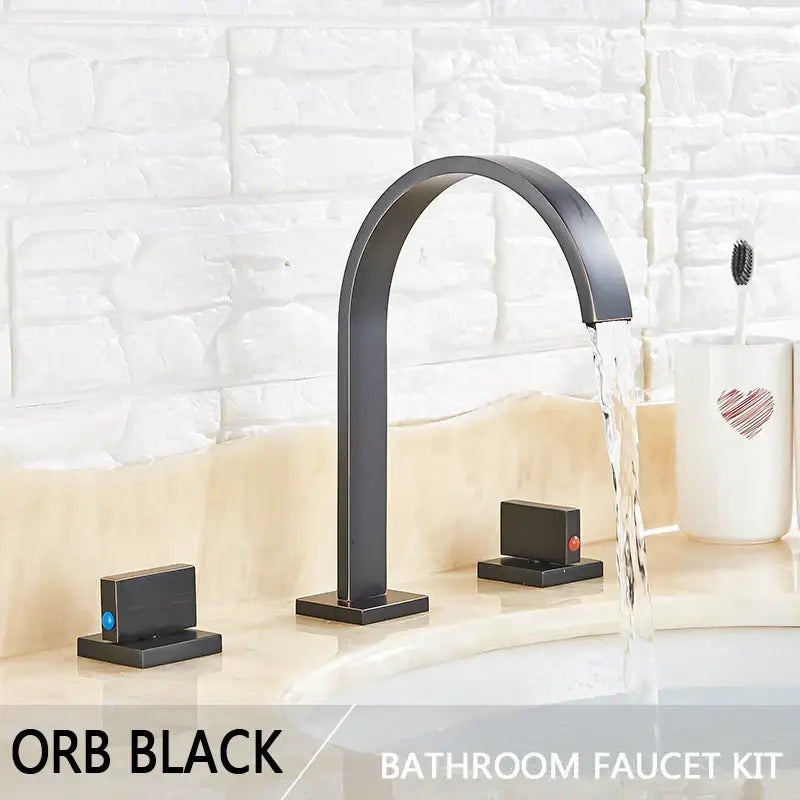 Black matte finished dual handle basin faucet set with sleek arched spout for modern bathroom sinks