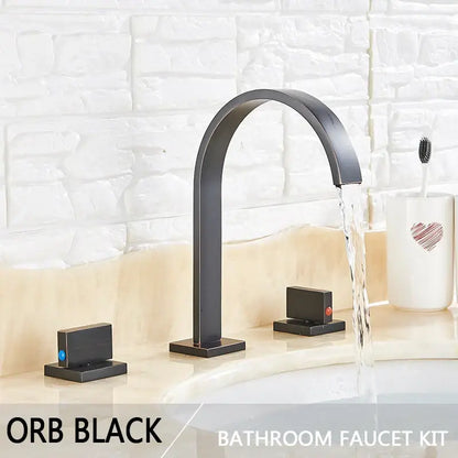 Black matte finished dual handle basin faucet set with sleek arched spout for modern bathroom sinks