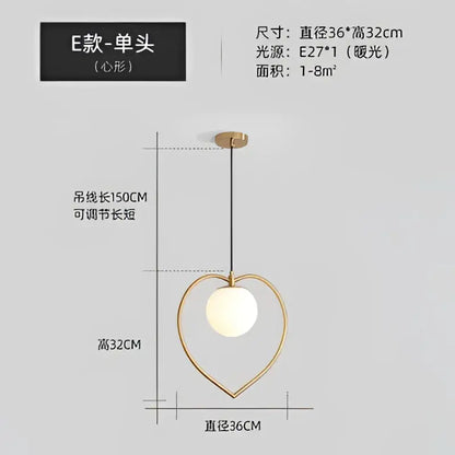 Modern gold arched glass bar pendant lamp featuring a gold heart-shaped pendant lamp with frosted glass globe