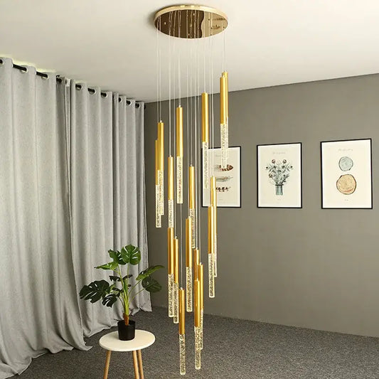 Modern gold art deco crystal led chandelier with clear crystal accents hanging from circular mount decorbites crystal led