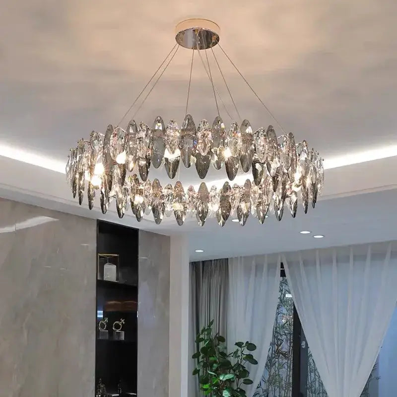 Modern gold ash crystal ceiling chandelier with two-tiered elongated teardrop crystals for living room decorbites ash crystal