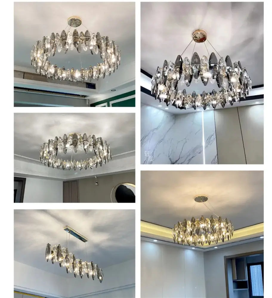 Modern gold ash crystal living room pendant light featuring a circular ring with faceted crystal droplets for decorbites ash crystal ceiling decor