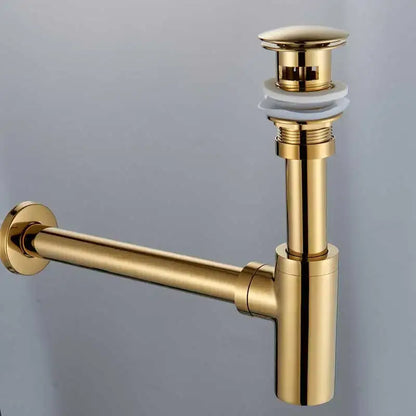 Gold-colored brass undermount sink drain with white ceramic flange for modern basin tap kit bathroom hardware
