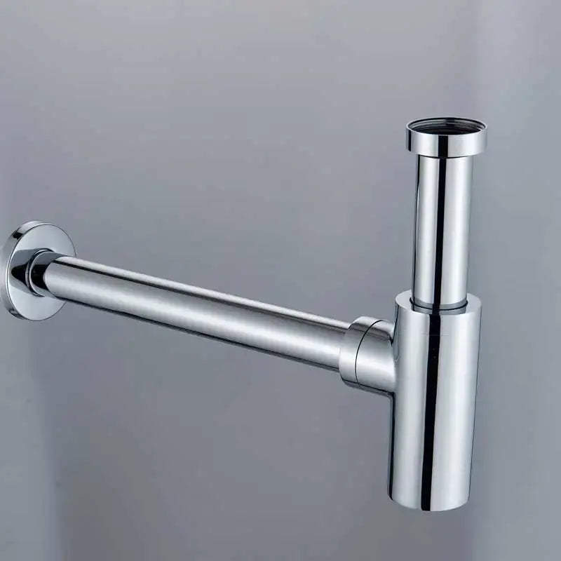 Chrome-finished p-trap drain pipe with sleek modern design in a modern gold basin tap kit for bathroom hardware