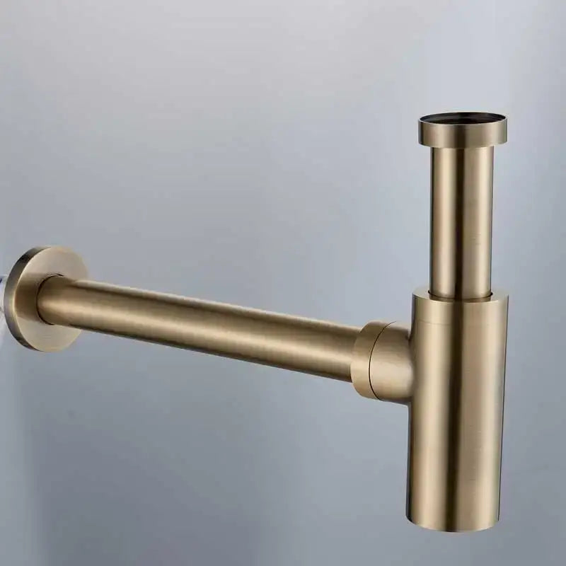 Modern gold basin tap siphon kit featuring a brass-colored sleek t-shaped sink drain pipe with matte finish and polished edges