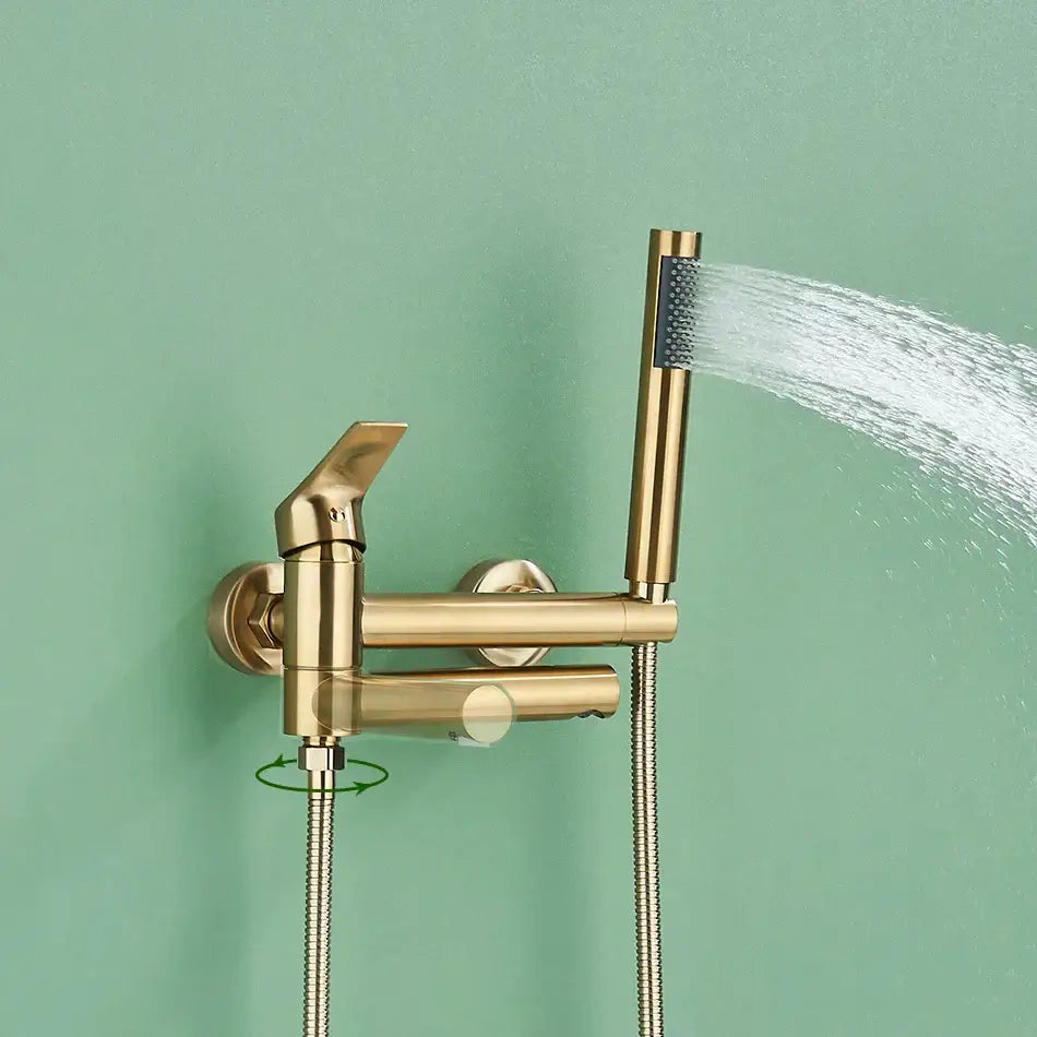 Modern gold bathroom bathtub shower mixer tap set with handheld spray and flexible hose in gold finish