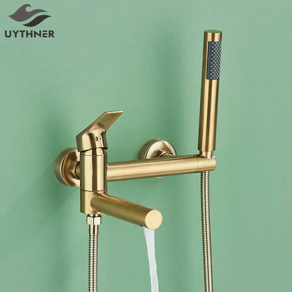 Modern gold bathroom mixer tap set with sleek design and detachable handheld spray head for bathtub shower use