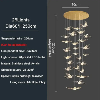 Modern gold bird design led chandelier with 26 acrylic birds and stainless steel for living room decorbites bird design