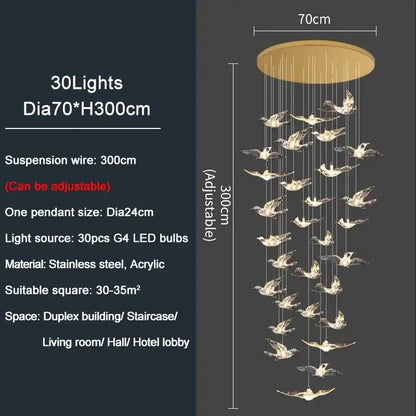 Modern gold bird design led chandelier with 30 illuminated pendants in stainless steel and acrylic for living room decorbites bird design