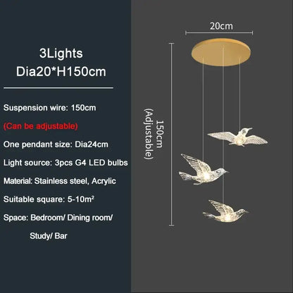 Modern gold bird design led chandelier with stainless steel and acrylic components featuring adjustable suspension wires for living room decorbites bird design