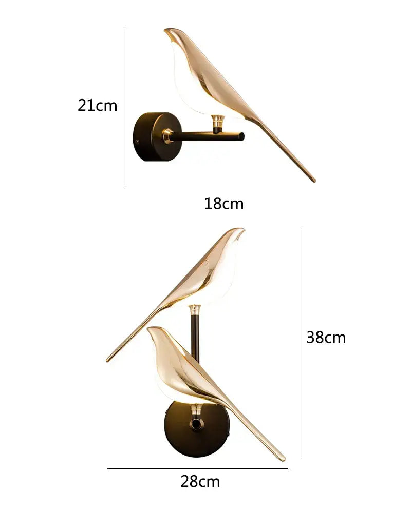 Modern gold bird led wall lamp with sleek minimalist design and polished metallic finish for bedroom decor