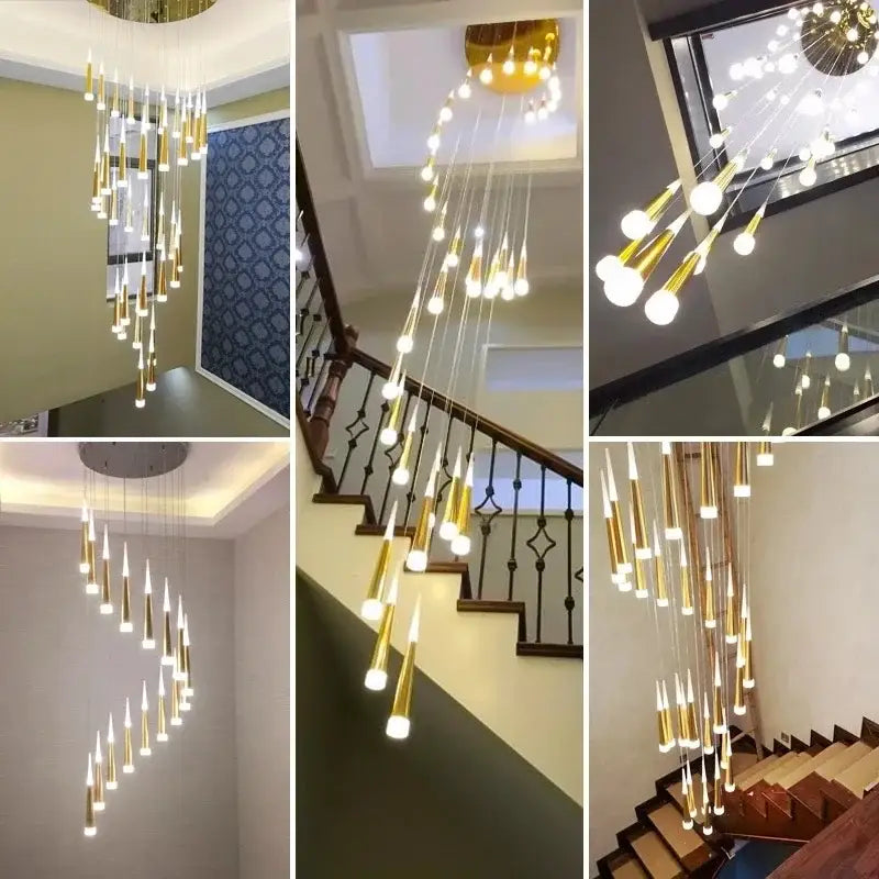 Modern gold black acrylic led chandelier with golden tapered pendant design for staircase decorbites black acrylic lighting