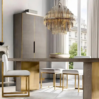 Modern gold and black brass glass ceiling chandelier with slender vertical rods in a circular pattern for living room decorbites brass glass