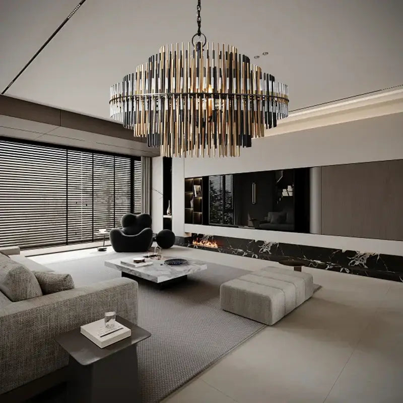 Modern gold and black brass pendant light featuring vertical rods in a circular design for dining room decorbites brass pendant