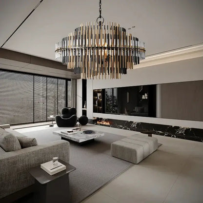 Modern gold and black brass pendant light featuring vertical rods in a circular design for dining room decorbites brass pendant