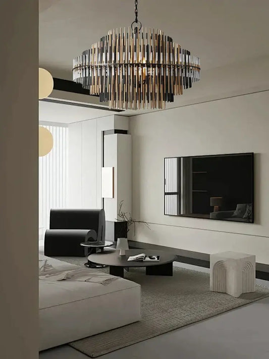 Modern gold and black brass pendant light with circular frame and vertical rods for dining room decorbites brass pendant