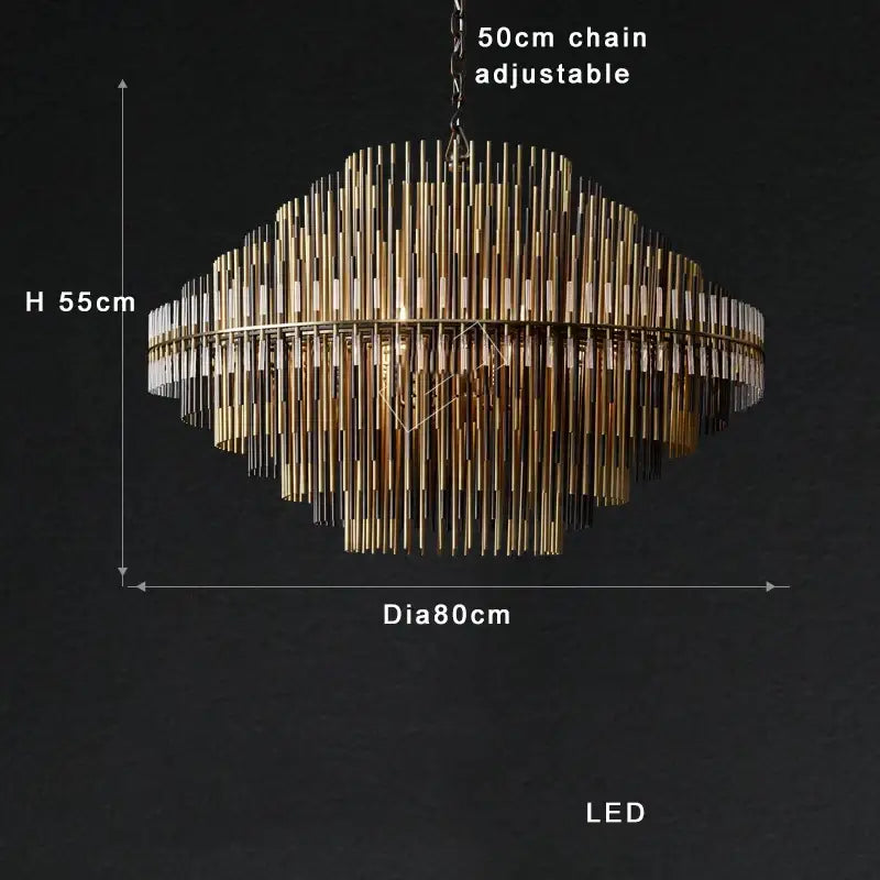 Modern gold and black brass pendant light with tiered geometric rods suspended from an adjustable chain for dining room decorbites brass pendant