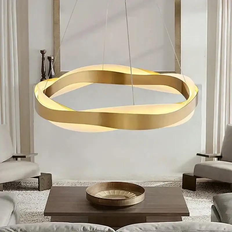 Modern gold and black circle pendant light with elegant black intertwined ring design for living room chandelier