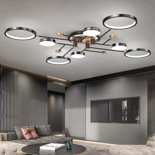 Modern gold black pendant light with multiple illuminated circular rings for living room decorbites gold black design