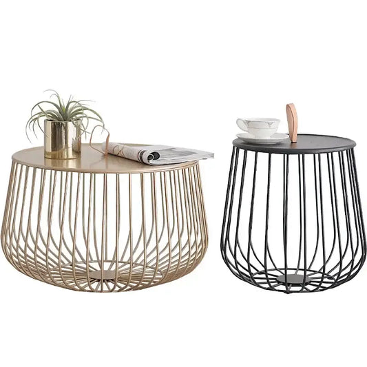 Two modern wireframe side tables with gold and black metal frames and flat circular tops for coffee table decorbites gold pumpkin use