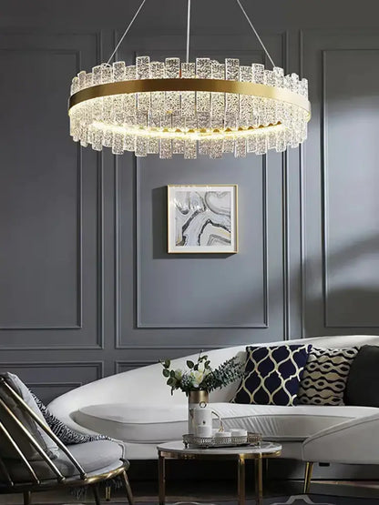 Modern gold and black crystal led chandelier dining room pendant light with gold frame and cascading clear prisms decorbites crystal led