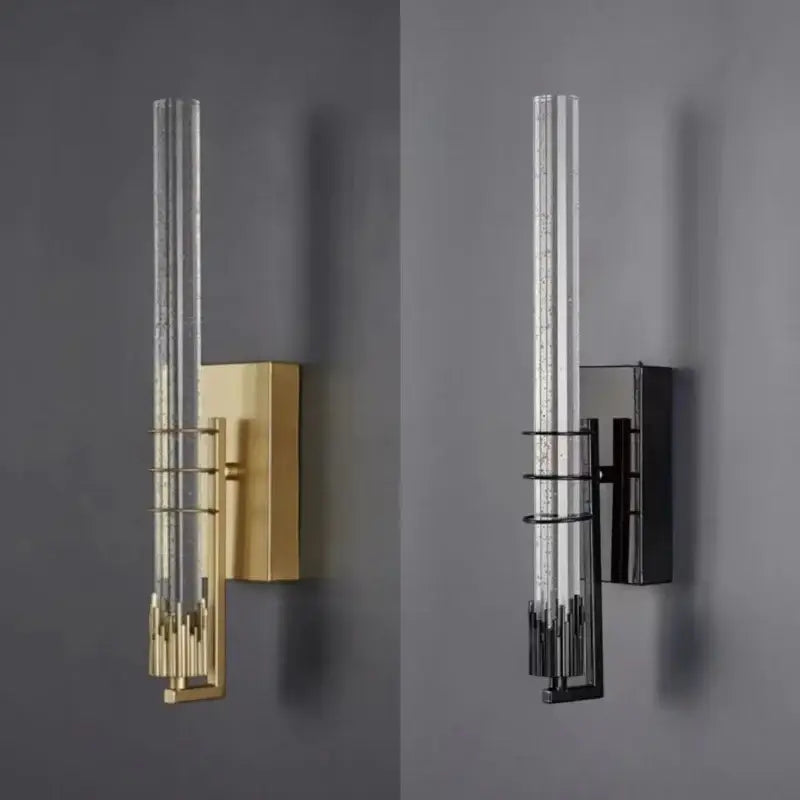 Modern gold and black crystal led wall sconce with clear glass tube and metallic base for bedroom decorbites crystal led lighting