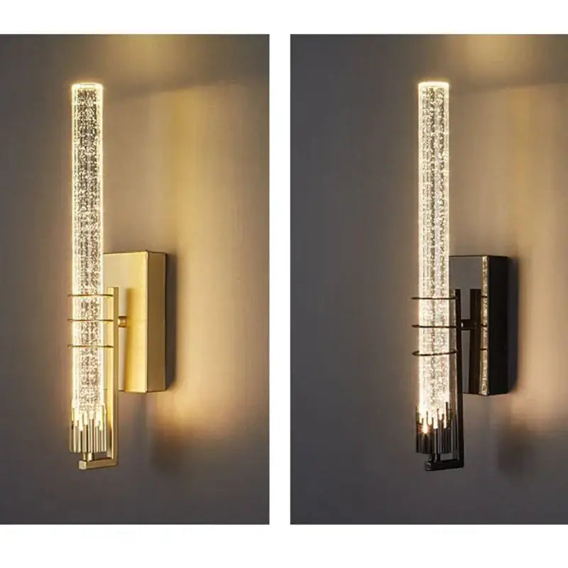 Modern gold and black crystal led wall sconce with clear crystal-encrusted body and metallic mounting bracket for decorbites crystal led wall decor